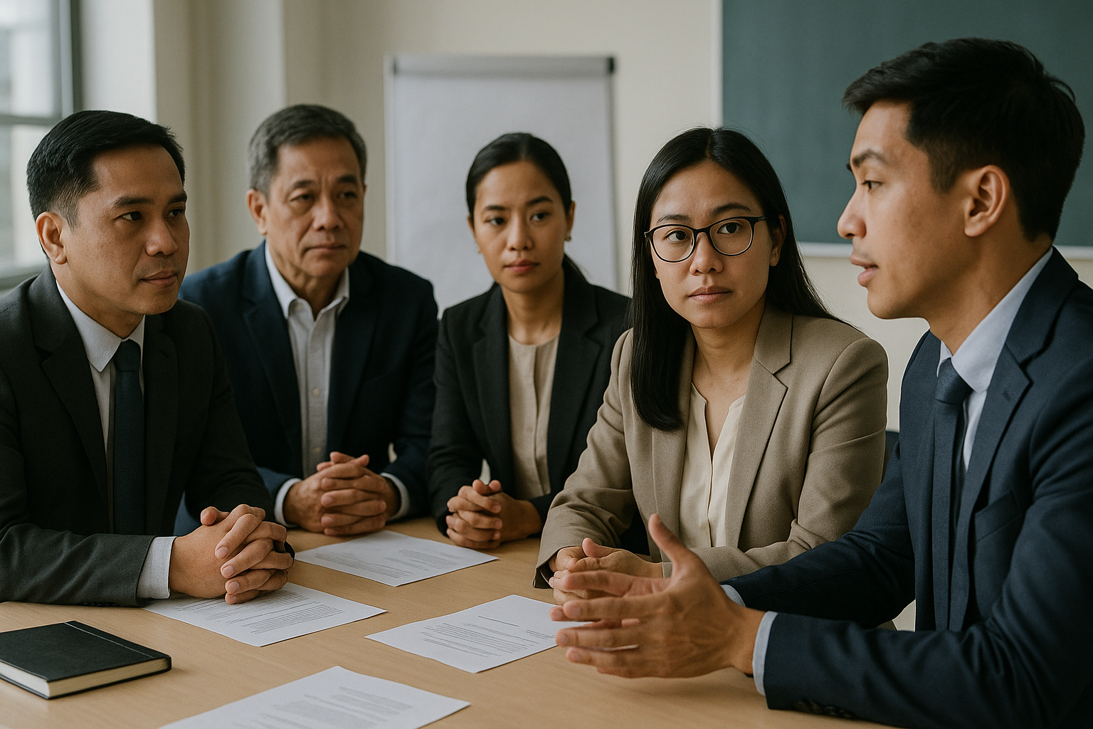 A Filipino Corporate Leader Talking In A Modern Boardroom While His Team Eagerly Listens