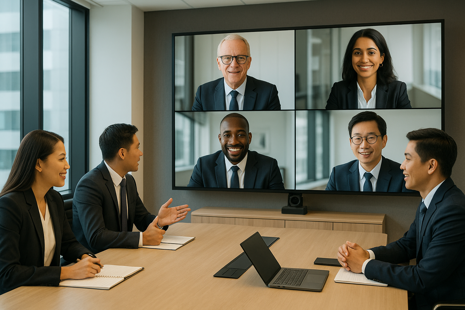 A Group Of Filipino Corporate Professionals Having A Hybrid Meeting With Other Professionals