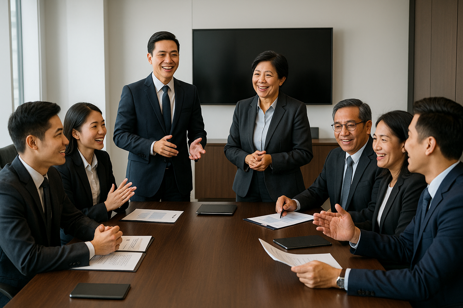Two Filipino Corporate Leaders Discussing In Front Of Their Team In A Modern Boardroom Setting