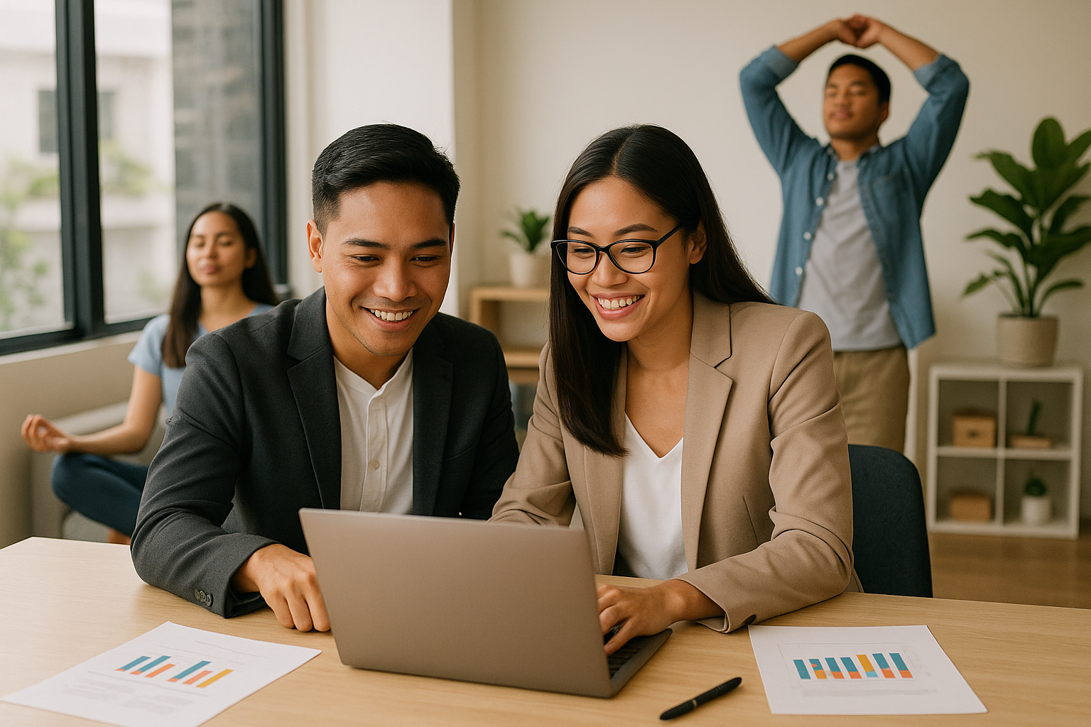 Two Filipino Employees Working In The Foreground, While Another Two Are Relaxing In The Background